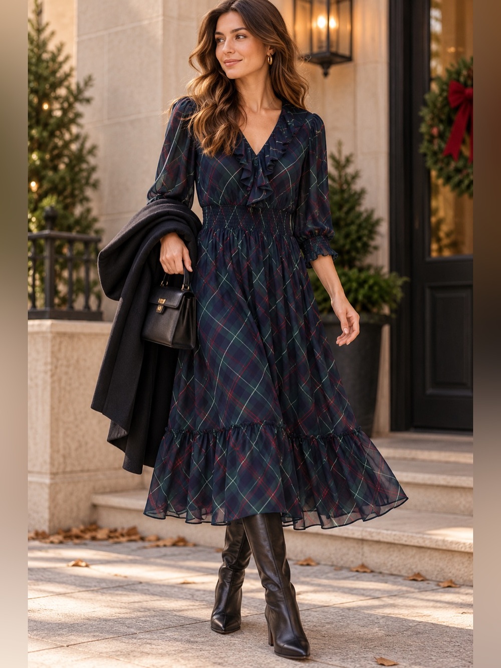 Lauren Ralph Lauren Plaid Chiffon Ruffle Smocked Waist Midi Dress Size 10